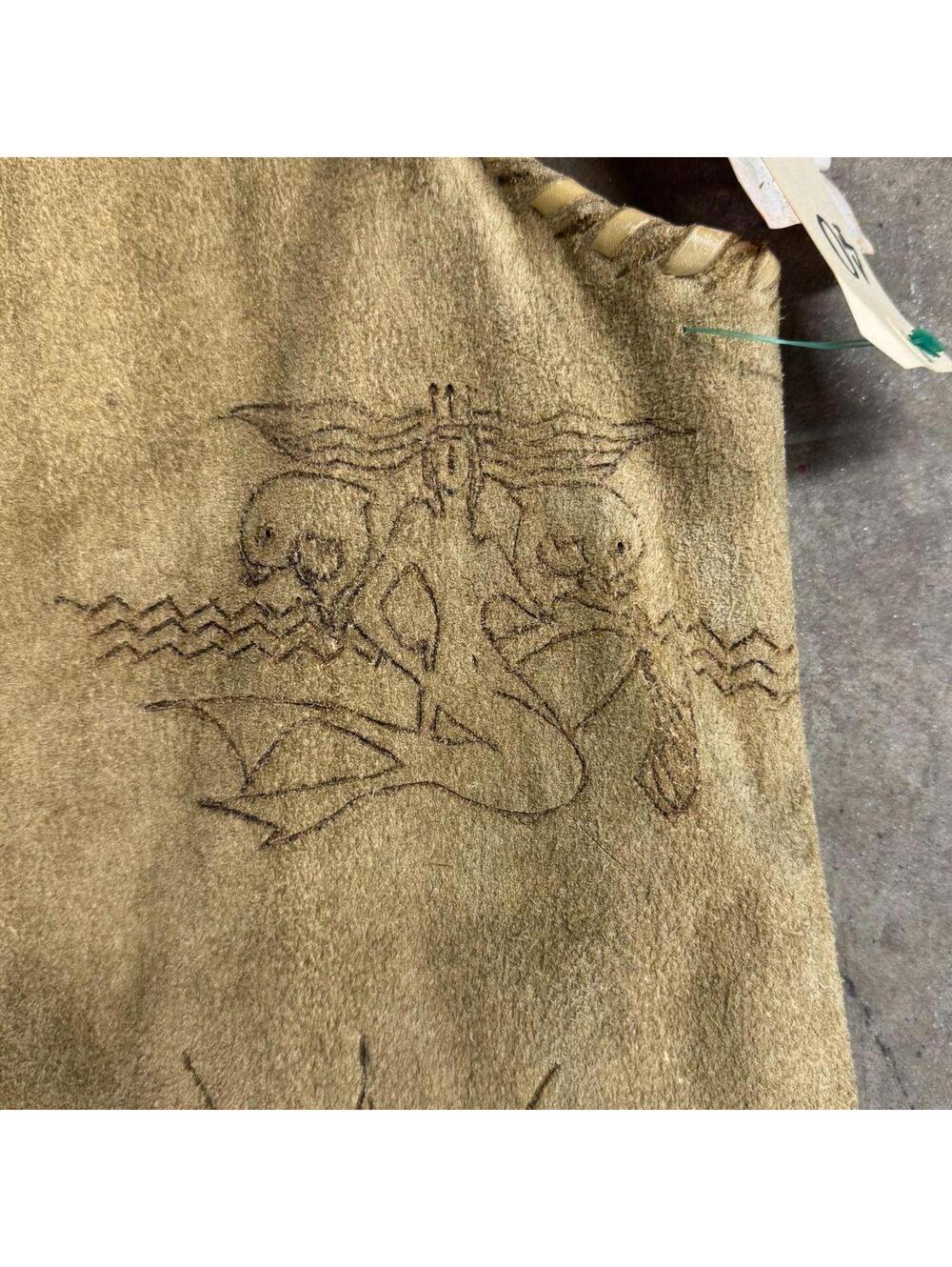 Vintage 60s 70s Suede Buckskin Western Film Costume Vest Stenciled Whipstitch - Picture 6 of 8